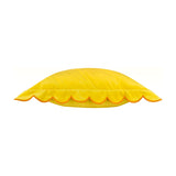 Lil Scallop Plain Velvet Cushion in lemon yellow, shown side-on with scalloped edge trim in ginger orange, plain white background.