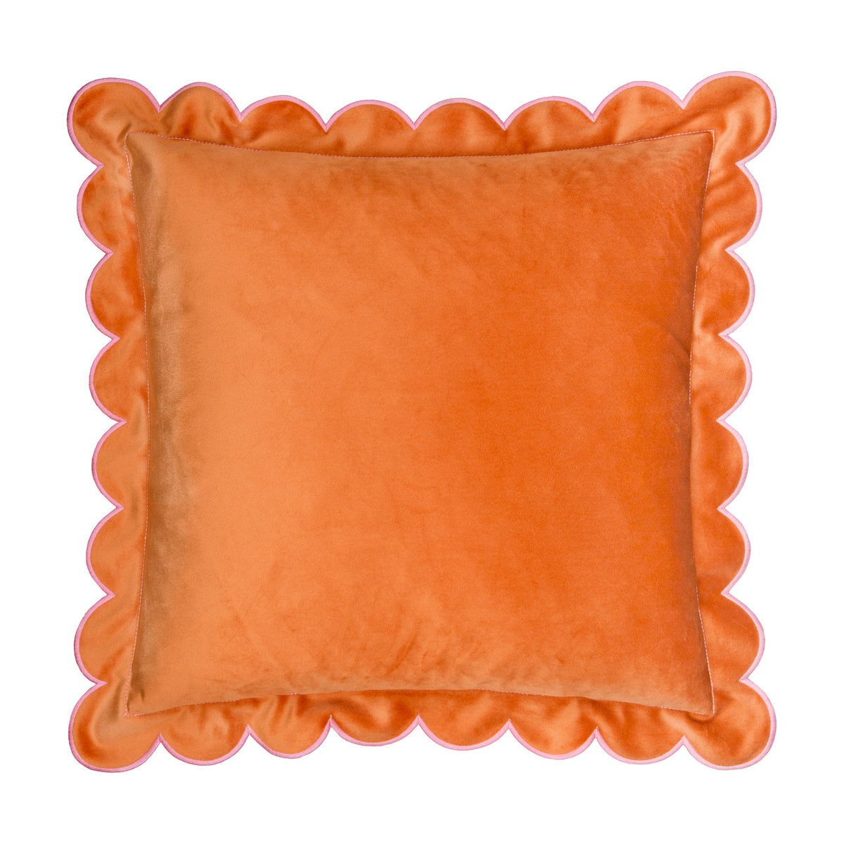 Lil Scallop square velvet cushion in orange with a scalloped pink-stitched edge, shown on a plain white background.
