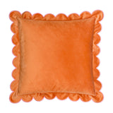 Lil Scallop square velvet cushion in orange with a scalloped pink-stitched edge, shown on a plain white background.
