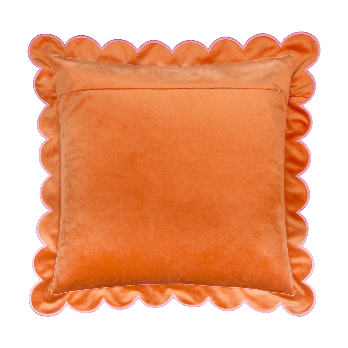 Lil Scallop square velvet cushion in orange with a scalloped pink-edged trim, velvet on both faces, shown on a plain white background.