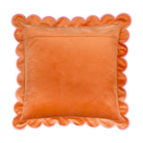 Lil Scallop square velvet cushion in orange with a scalloped pink-edged trim, velvet on both faces, shown on a plain white background.