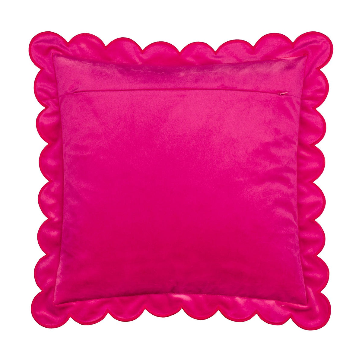 Lil Scallop Plain Velvet Cushion in pink, square with a scalloped edge trimmed in red thread, plain velvet fabric on a white background.
