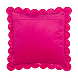 Lil Scallop Plain Velvet Cushion in pink, square with a scalloped edge trimmed in red thread, plain velvet fabric on a white background.