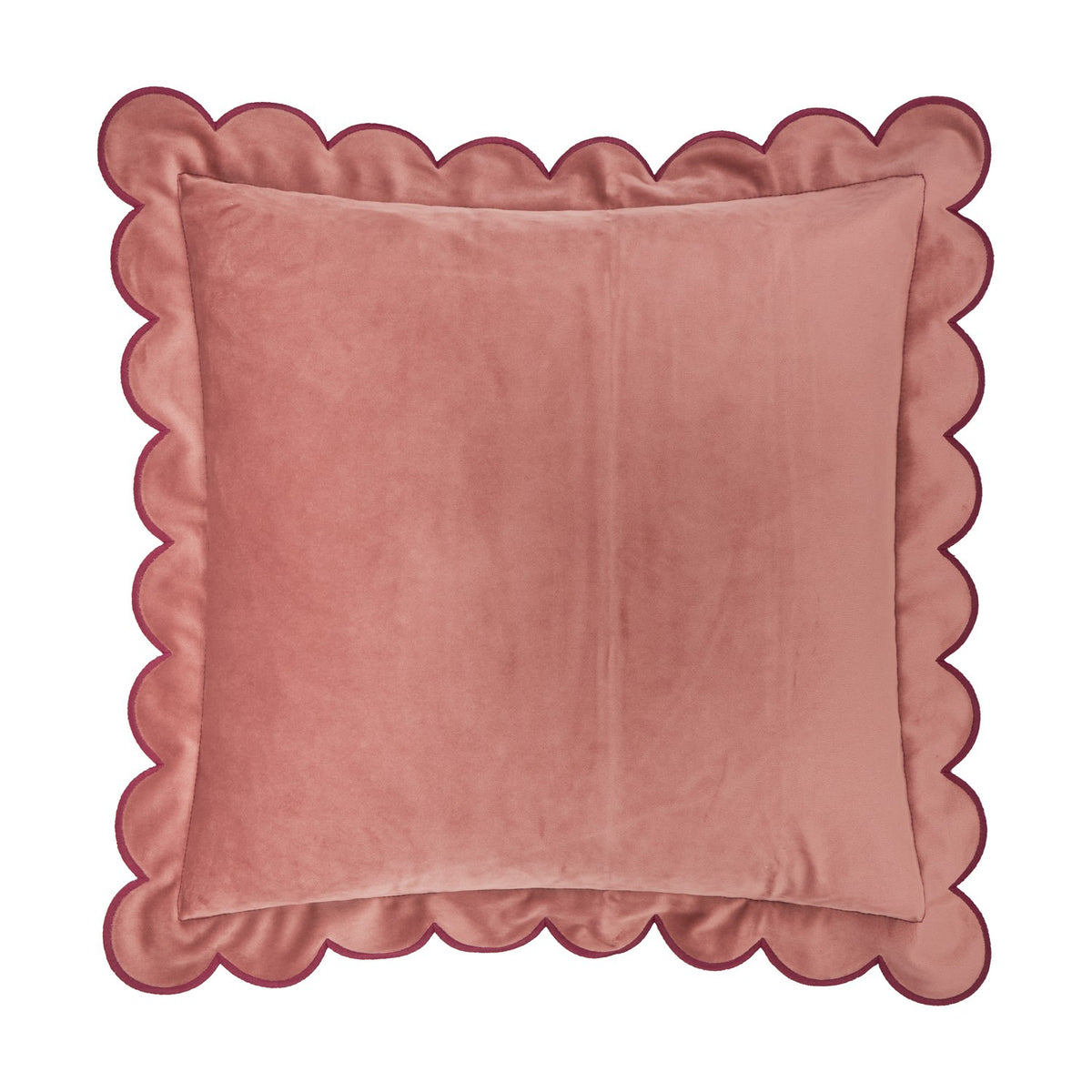 Lil Scallop Plain Velvet Cushion in dusky pink with a burgundy scalloped edge trim, square shape, shown on a plain white background.