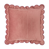 Lil Scallop Plain Velvet Cushion in dusky pink with a burgundy scalloped edge trim, square shape, shown on a plain white background.