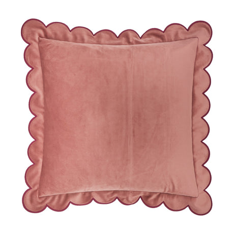 Lil Scallop Plain Velvet Cushion in dusky pink with a burgundy scalloped edge trim, square shape, shown on a plain white background.