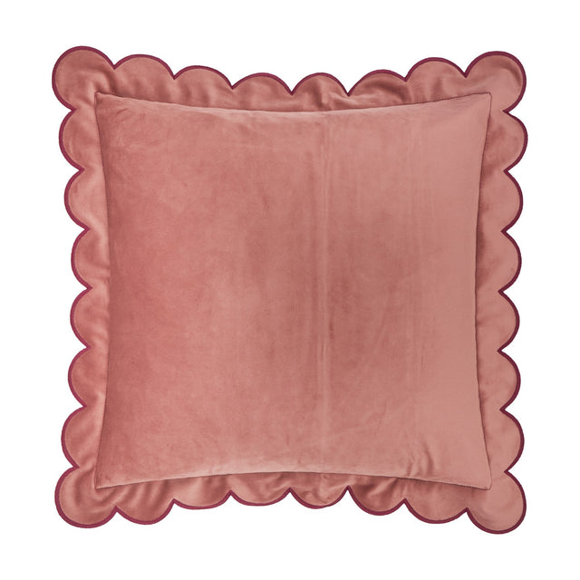 Lil Scallop Plain Velvet Cushion in dusky pink with a burgundy scalloped edge trim, square shape, shown on a plain white background.