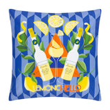 Square polyester cushion with a blue tessellating diamond print featuring Limoncello bottles, a filled glass, lemons, leaves and "LimoncHello" text, shown on a plain white background.