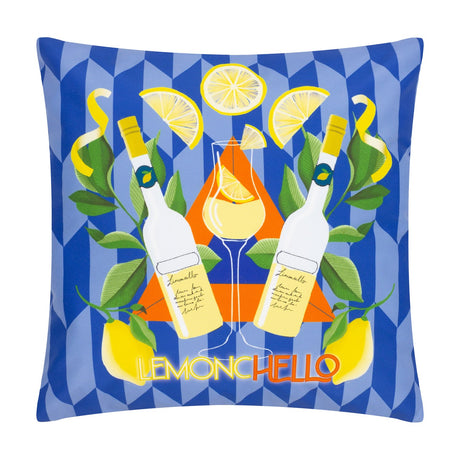 Square polyester cushion with a blue tessellating diamond print featuring Limoncello bottles, a filled glass, lemons, leaves and "LimoncHello" text, shown on a plain white background.