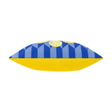 Side view of the Limoncello Abstract Polyester Cushion, showing a blue geometric diamond print with citrus-slice motif and a contrasting yellow reverse, on a white background.