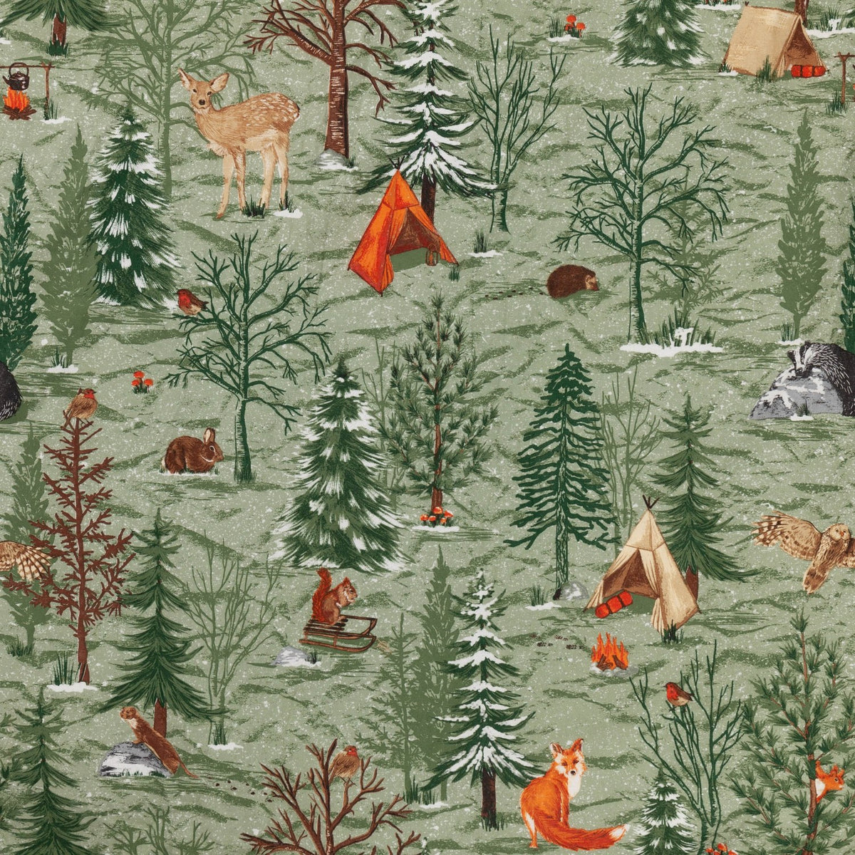 Lodge Wood cotton duvet cover set in green, printed with a woodland scene of deer, foxes, rabbits, owls, fir trees, tents and campfires in russet and tan tones.