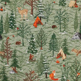 Lodge Wood cotton duvet cover set in green, printed with a woodland scene of deer, foxes, rabbits, owls, fir trees, tents and campfires in russet and tan tones.