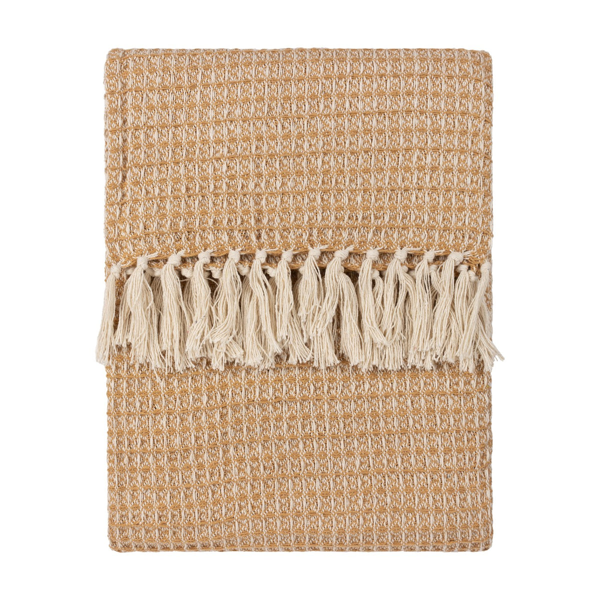 Lorne Plain Cotton Throw in honey, folded flat with a chunky waffle-weave texture and cream tassel fringe, shown on a plain white background.