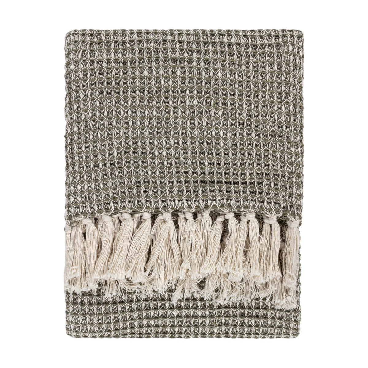 Lorne Plain Cotton Throw in Lichen, folded to show a chunky two-tone green waffle weave with cream fringed tassels, on a plain white background.
