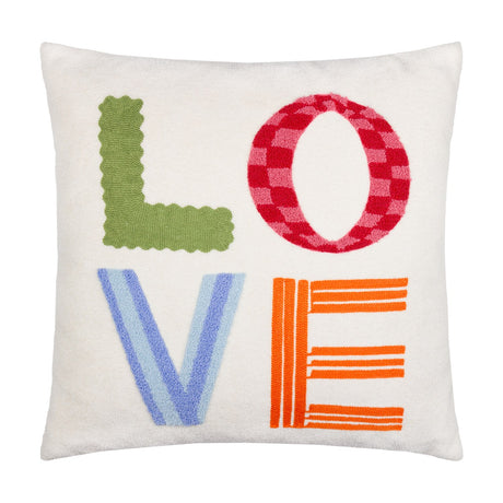 Love Tuft Embroidered Polyester Cushion in cream with the word LOVE textured across it: a scalloped green L, checked red and pink O, striped blue V, and lined orange E, on a plain white background.