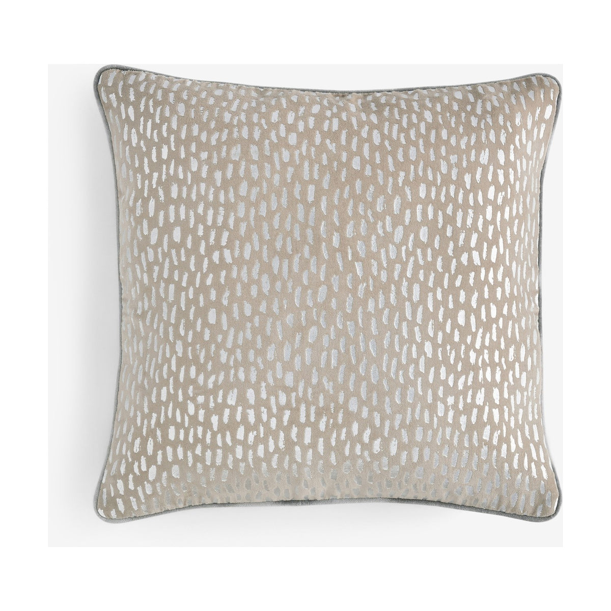 Loxley Velvet Cotton Cushion in Silver, a square 43 x 43cm beige velvet cover with a speckled metallic foil print and grey piped edge, shown on a plain white background.