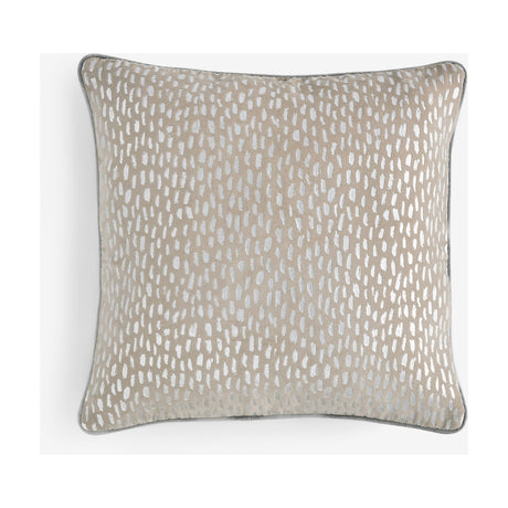 Loxley Velvet Cotton Cushion in Silver, a square 43 x 43cm beige velvet cover with a speckled metallic foil print and grey piped edge, shown on a plain white background.