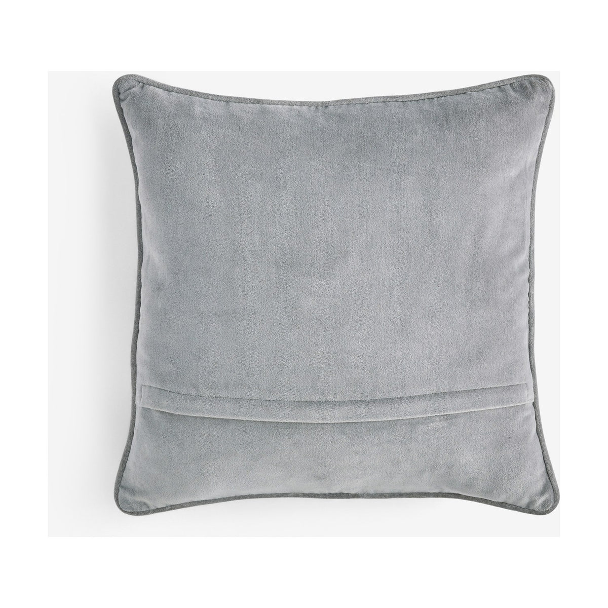 Loxley Velvet Cotton Cushion in silver-grey, square with piped edges and a rear zip opening, shown on a plain white background.