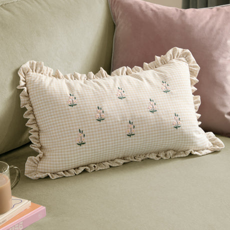 Les Petite Fleurs Gingham Cotton Cushion - Natural