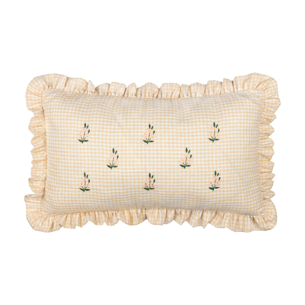 Les Petite Fleurs rectangular cotton cushion in natural gingham check with embroidered pink, yellow and green florals and a gathered frilled edge trim, shown on a white background.