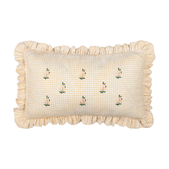 Les Petite Fleurs rectangular cotton cushion in natural gingham check with embroidered pink, yellow and green florals and a gathered frilled edge trim, shown on a white background.