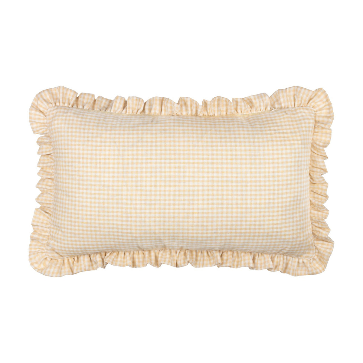 Les Petite Fleurs rectangular cushion in natural gingham cotton check with a gathered frilled edge trim, shown on a plain white background.