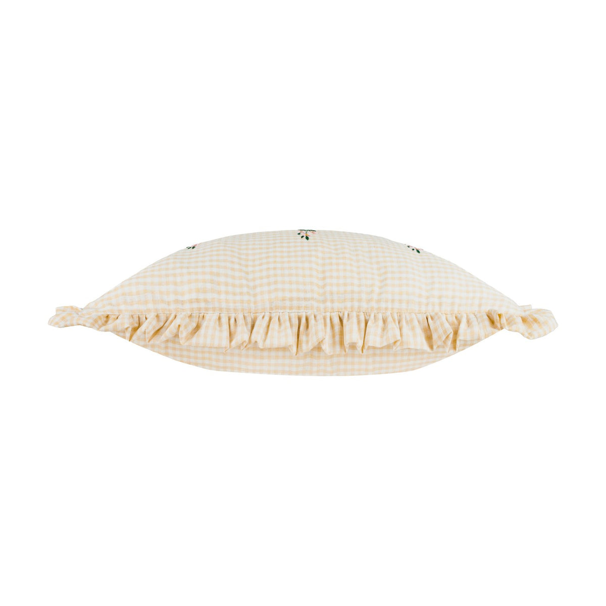 Les Petite Fleurs Gingham Cotton Cushion in natural, a rectangular cushion with frilled trim and small embroidered floral detail, shown on a plain white background.