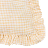 Close-up of the Les Petite Fleurs Gingham Cotton Cushion corner in natural, showing yellow-white check cotton fabric with a gathered frilled edge trim.
