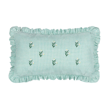 Rectangular Les Petite Fleurs cushion in spring green gingham cotton with embroidered floral sprigs and a gathered frill edge, shown on a plain white background.