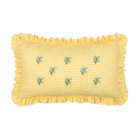 Rectangular cushion in yellow and white gingham cotton with a frilled edge trim, featuring scattered embroidered blue flower sprigs on green stems, shown on a plain white background.