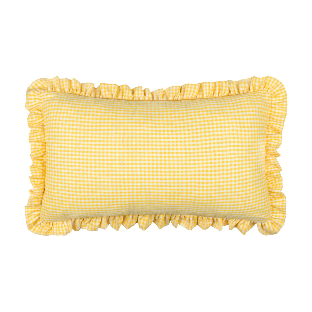 Rectangular yellow and white gingham check cotton cushion with a soft frilled trim edging, shown on a plain white background.