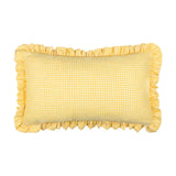 Rectangular yellow and white gingham check cotton cushion with a soft frilled trim edging, shown on a plain white background.
