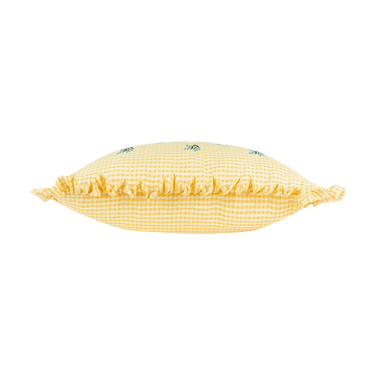 Les Petite Fleurs cushion in yellow and white gingham cotton with a frilled edge trim, shown side-on to display its plump, rectangular shape on a white background.