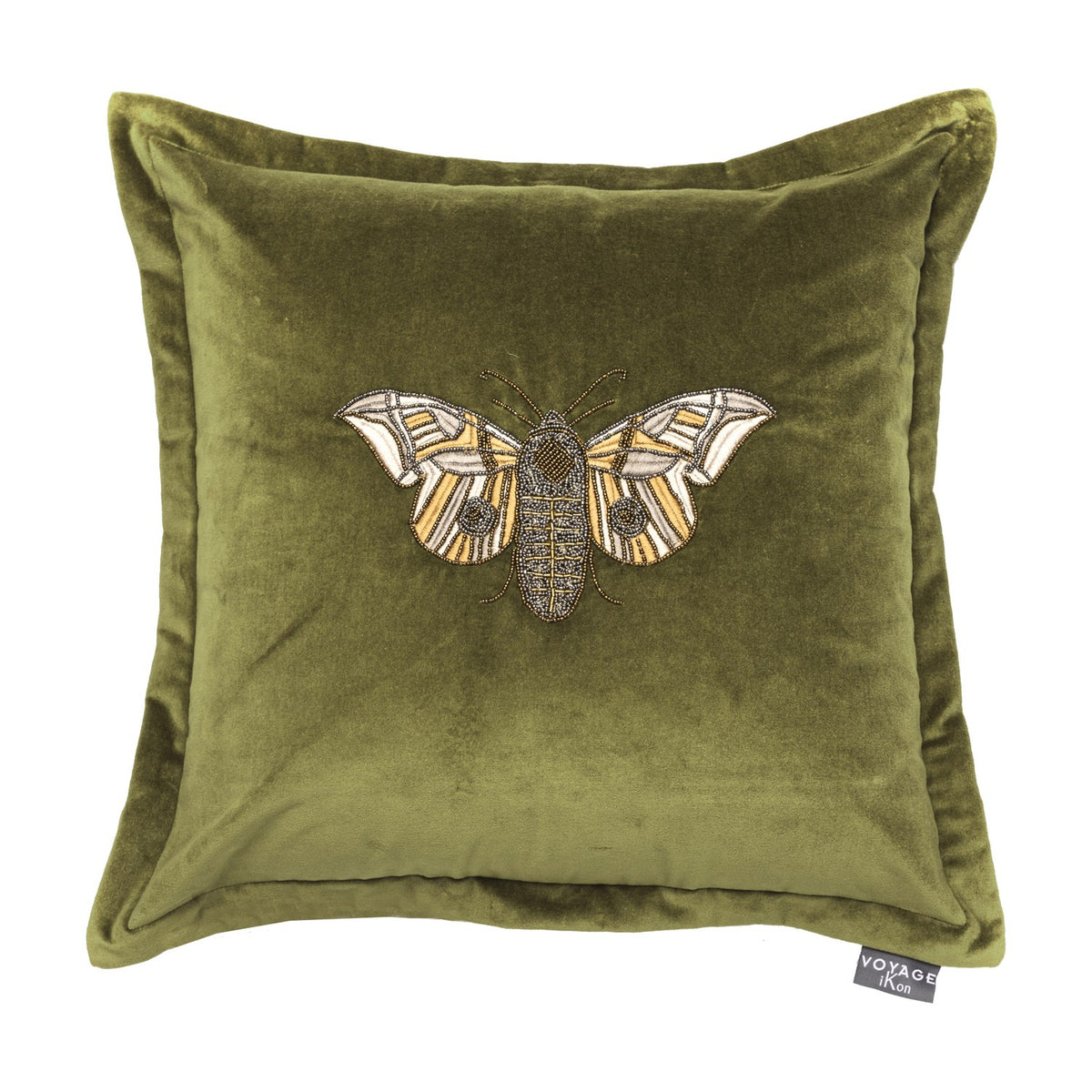 Luna Animal Velvet Cushion in olive green, square with beaded moth embroidery in cream, yellow and metallic grey thread, shown against a plain white background.
