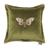Luna Animal Velvet Cushion in olive green, square with beaded moth embroidery in cream, yellow and metallic grey thread, shown against a plain white background.