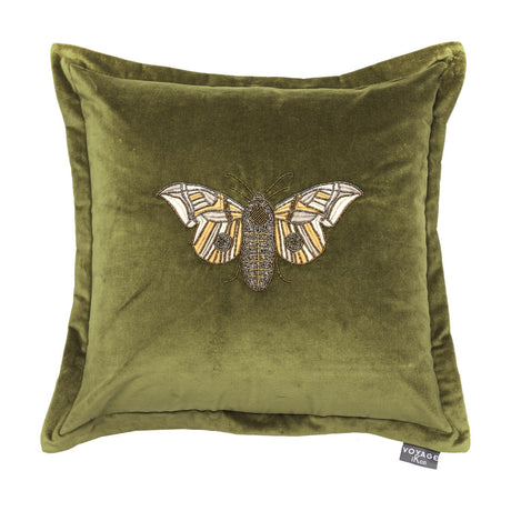Luna Animal Velvet Cushion in olive green, square with beaded moth embroidery in cream, yellow and metallic grey thread, shown against a plain white background.