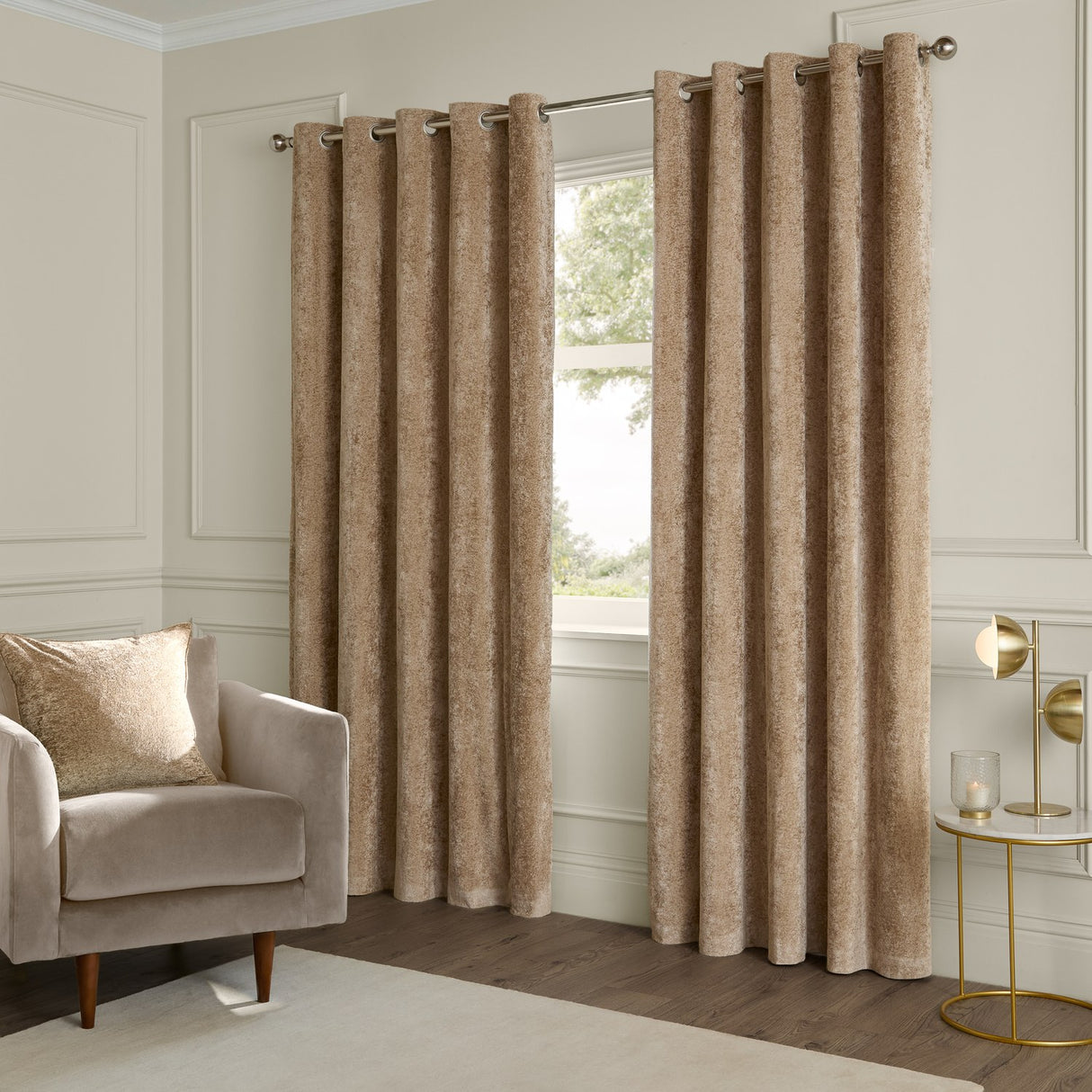 Lustre Velvet Plain Fully Lined Eyelet Curtains - Champagne