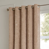 Lustre Velvet Plain Fully Lined Eyelet Curtains in oyster, showing chrome eyelets on a metal rail against a light wall near a window.