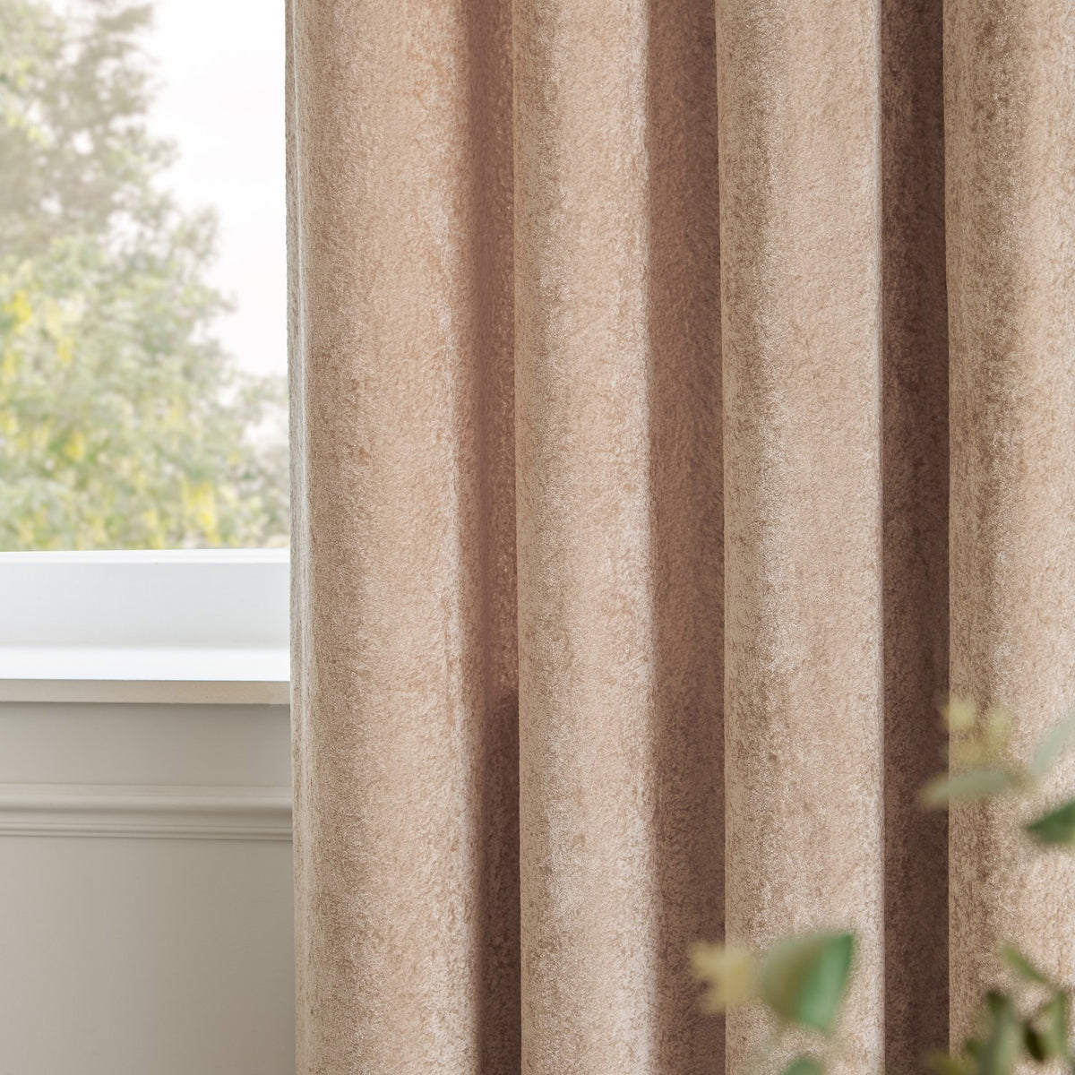 Lustre Velvet Plain Fully Lined Eyelet Curtains in Oyster, showing draped folds of dense beige velvet fabric beside a window with greenery visible outside.