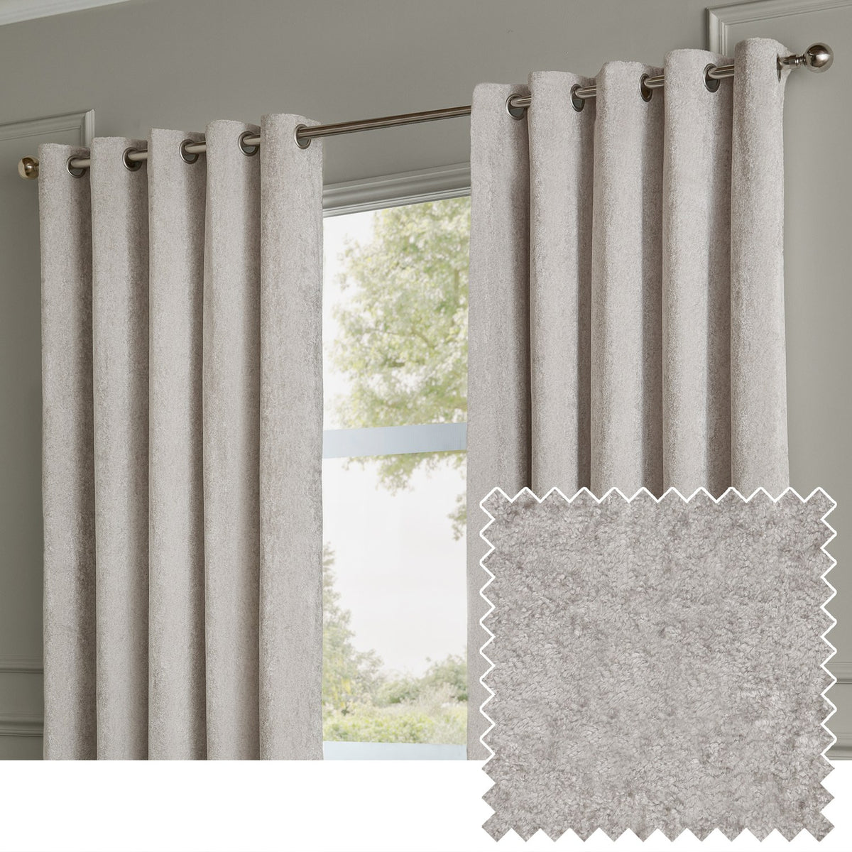 Lustre Velvet Plain Fully Lined Eyelet Curtains in silver, shown hung on a metal pole beside a window, with a fabric swatch inset showing the velvet's low-sheen texture.
