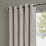 Lustre Velvet eyelet curtain in silver, fully lined with grommet header on a chrome rail, shown hanging beside a window in a light grey room.