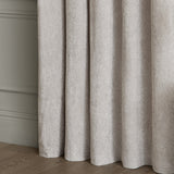 Lustre Velvet Plain Fully Lined Eyelet Curtains in silver, shown in soft folds with a subtle sheen against a panelled wall and wooden floor.