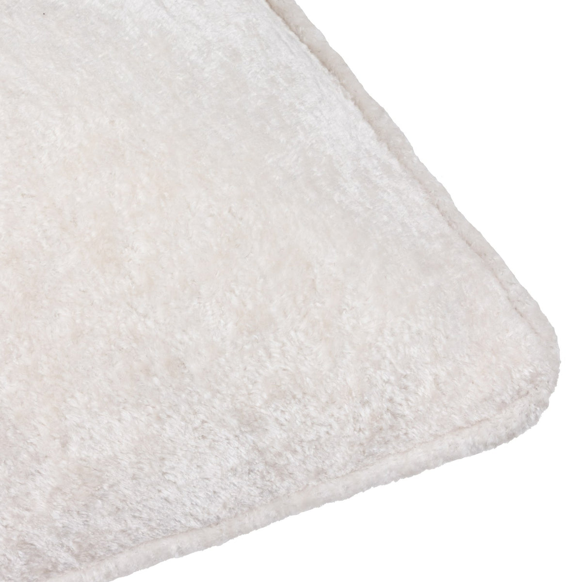 Close-up of the Lustre Velvet Plain Polyester Cushion in ivory, showing the crushed velvet pile texture and stitched corner edge on a white background.