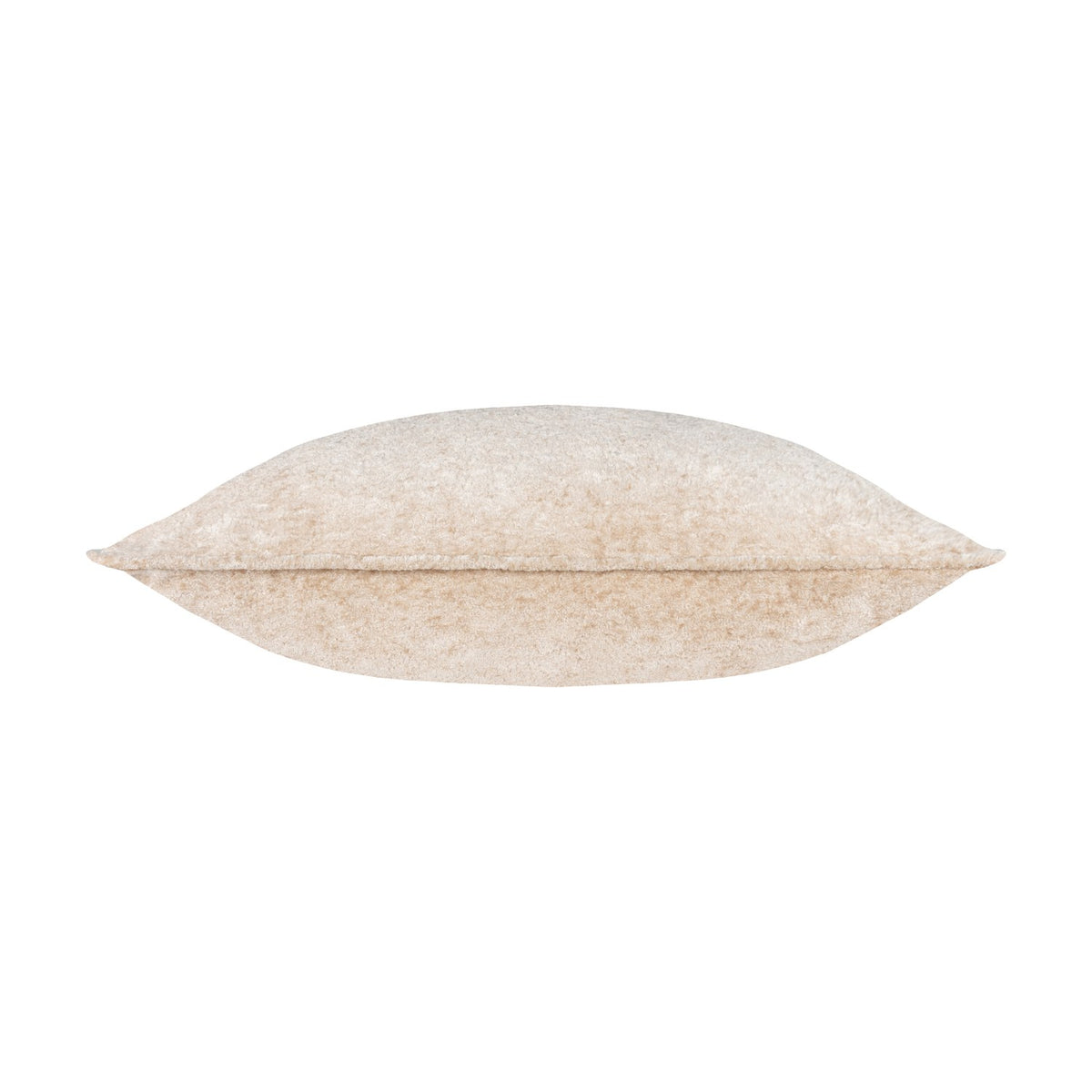 Side view of the Lustre Velvet Plain Polyester Cushion in oyster, showing its crushed velvet pile, plump square shape, and piped seam edge on a plain white background.