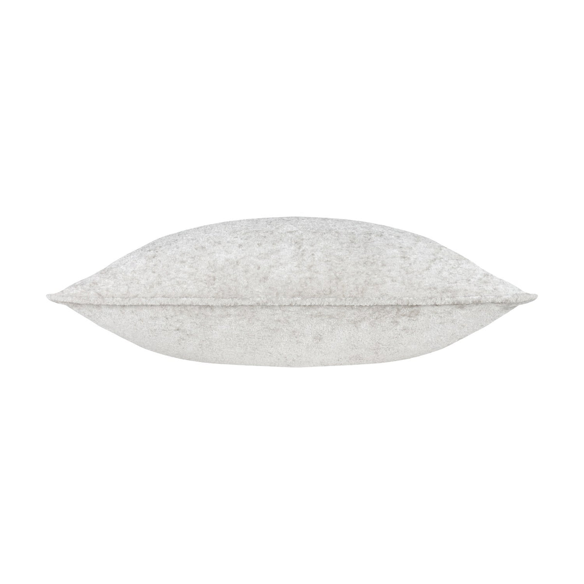 Side view of the Lustre Velvet Plain Polyester Cushion in silver, showing a crushed velvet texture with a soft sheen, set against a plain white background.