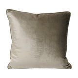 Square Luxe Velvet cushion in mink with a plain velvet front, piped edges, and plump filled shape, shown on a plain white background.