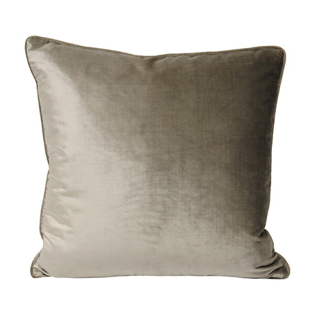 Square Luxe Velvet cushion in mink with a plain velvet front, piped edges, and plump filled shape, shown on a plain white background.