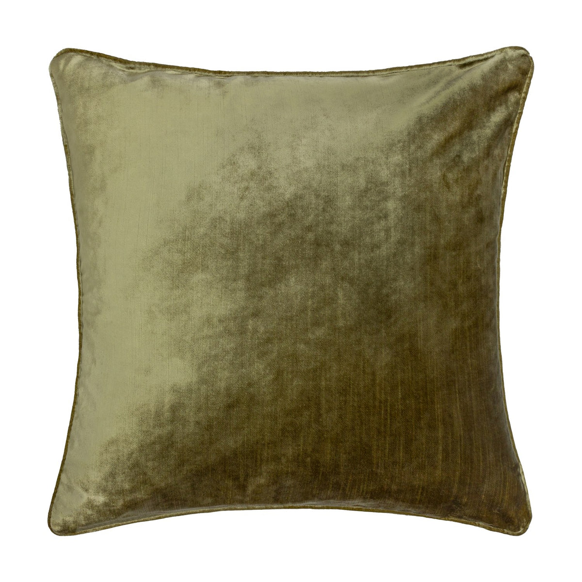 Luxe Velvet Plain Polyester Cushion in olive, square shape with piped edges, showing a soft sheen from pale sage to deeper green, shown on a plain white background.