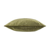 Luxe Velvet Plain Polyester Cushion in olive, shown side-on to reveal its plump square shape and piped edge, with a soft sheen on the velvet-feel fabric against a white background.