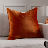 Luxe Velvet Plain Polyester Cushion in rust, a square burnt-orange velvet-feel cushion with soft sheen, shown propped on a light grey sofa in a living room setting.